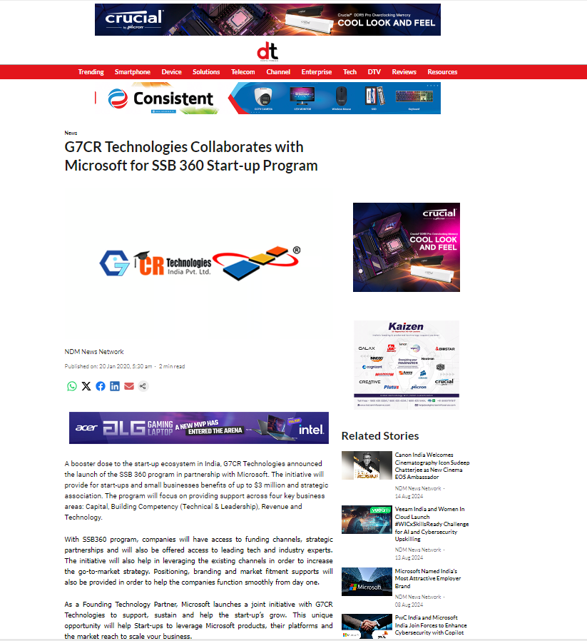 G7CR Technologies Collaborates with Microsoft for SSB 360 Start-up Program