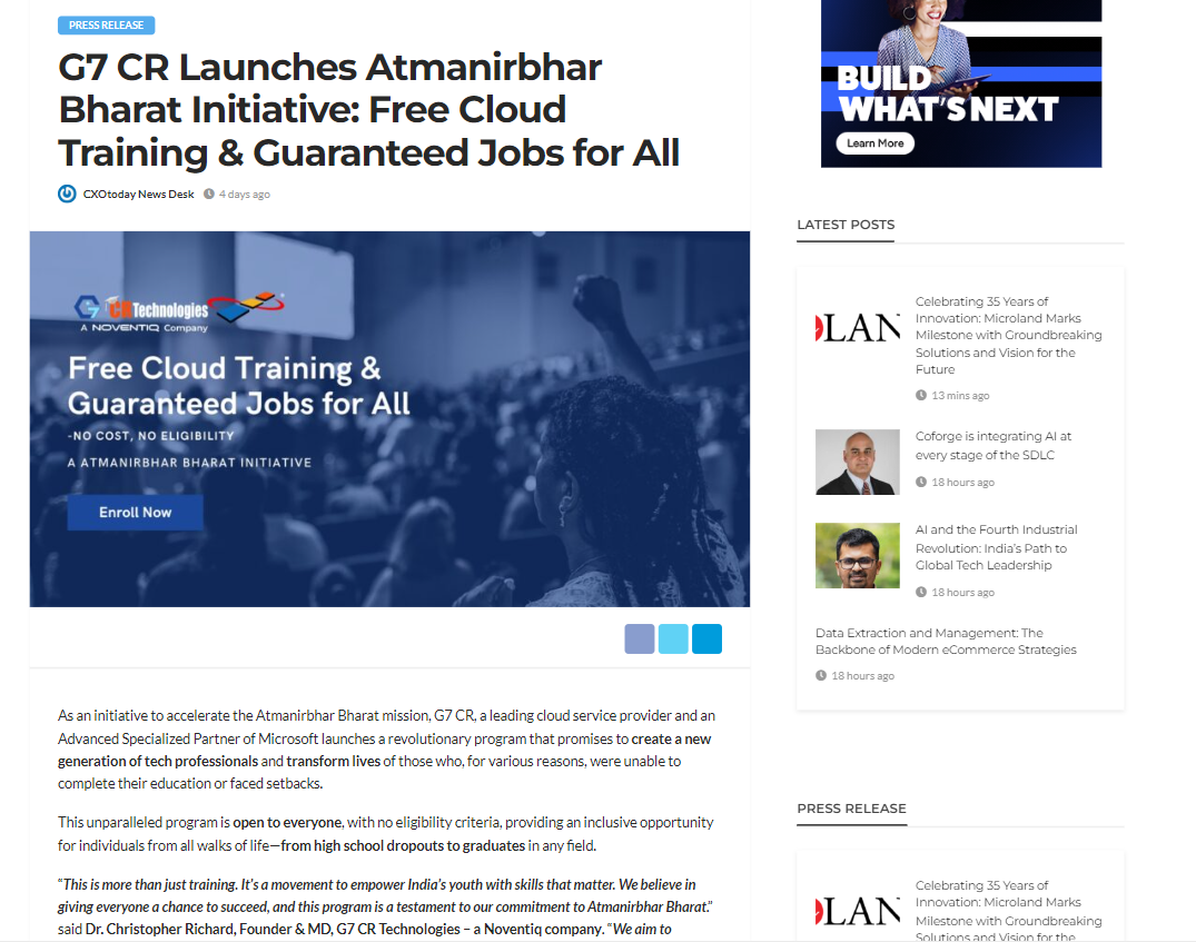 G7 CR Launches Atmanirbhar Bharat Initiative: Free Cloud Training & Guaranteed Jobs for All